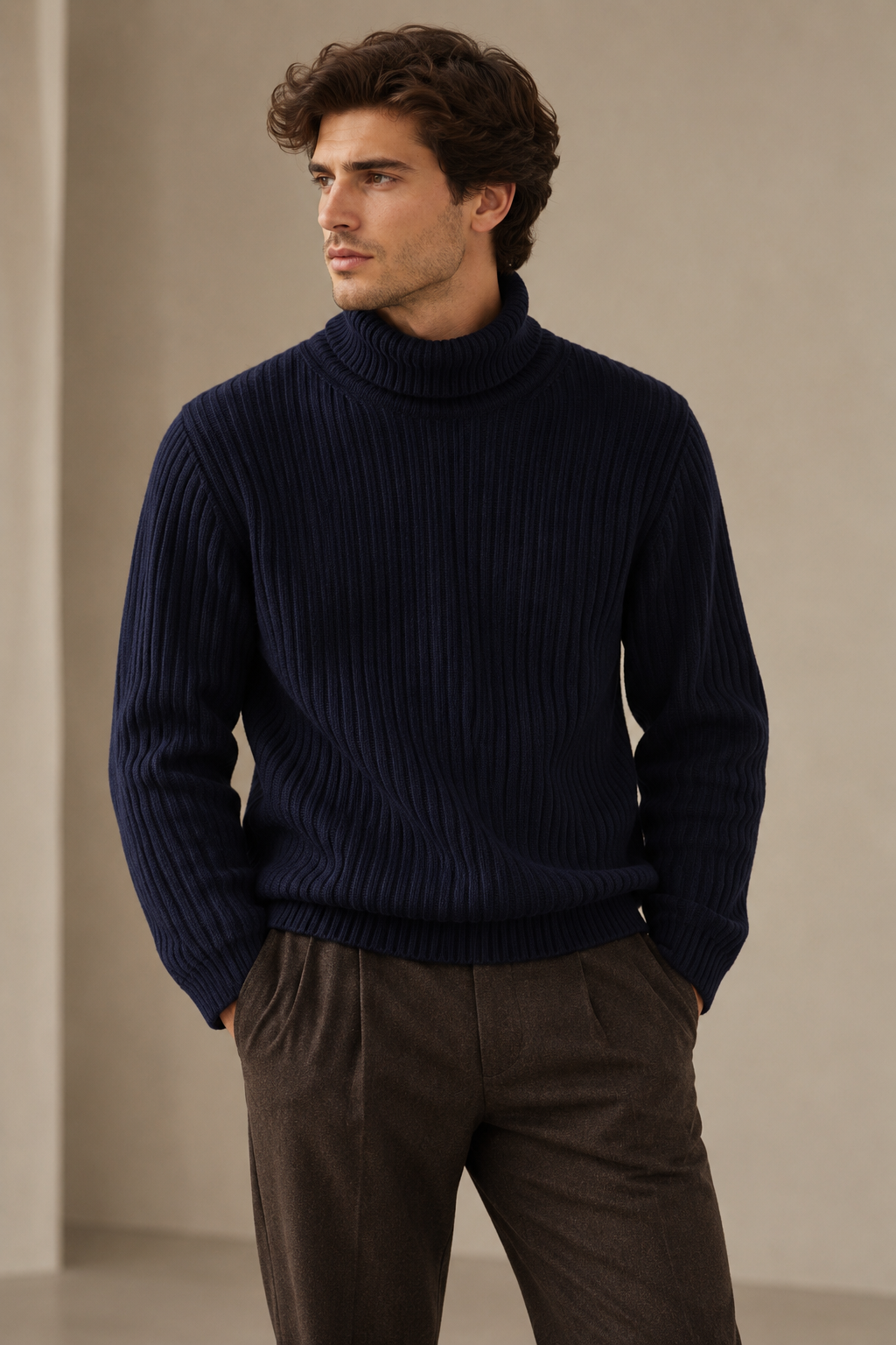 Camisola Turtleneck Zara XL em Malha Canelada Azul-Marinho