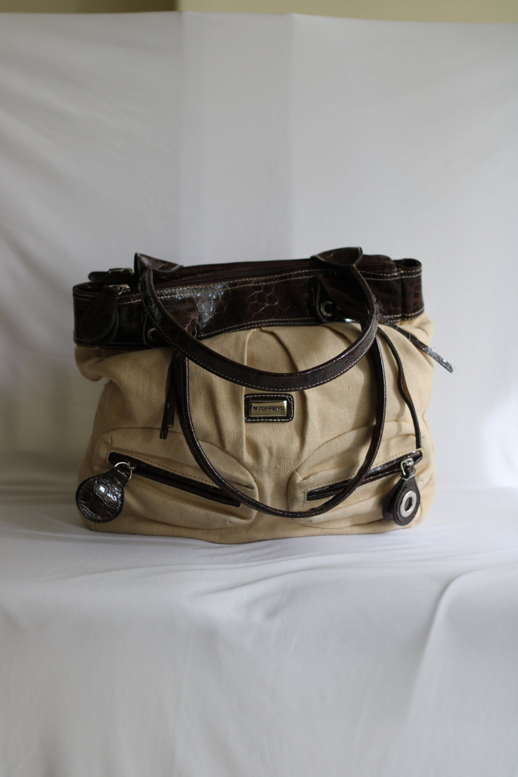Mala Vintage Torrens em Lona Bege e Pele Castanha – Mala de Ombro Retro