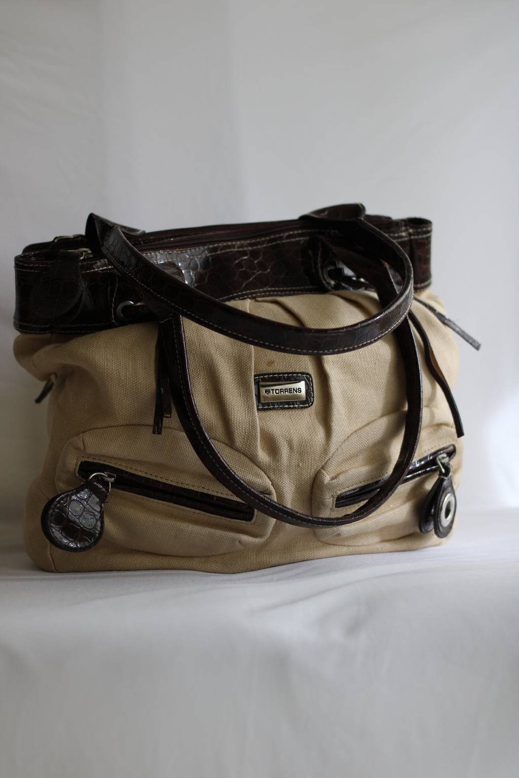 Mala Vintage Torrens em Lona Bege e Pele Castanha – Mala de Ombro Retro