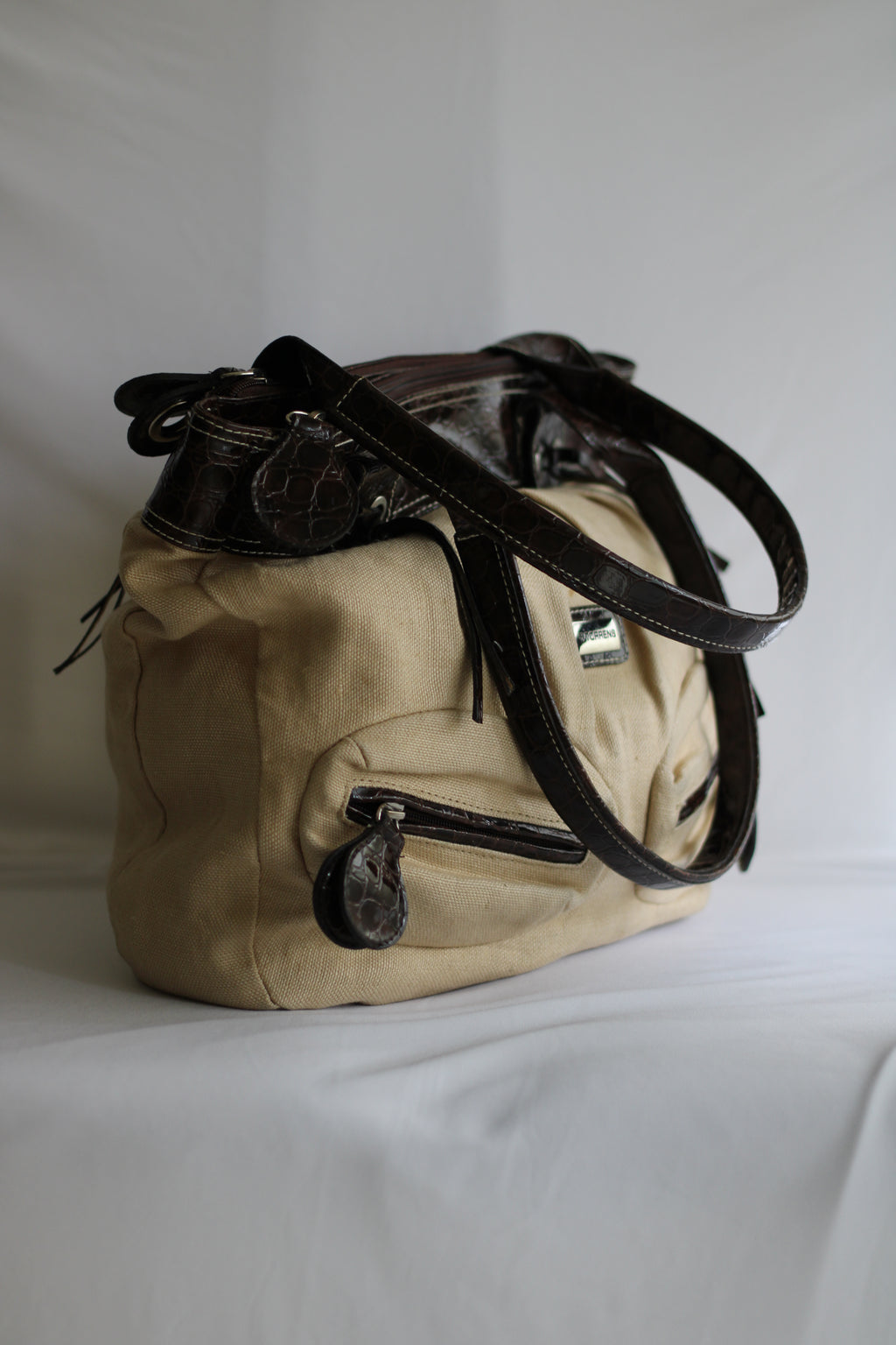 Mala Vintage Torrens em Lona Bege e Pele Castanha – Mala de Ombro Retro