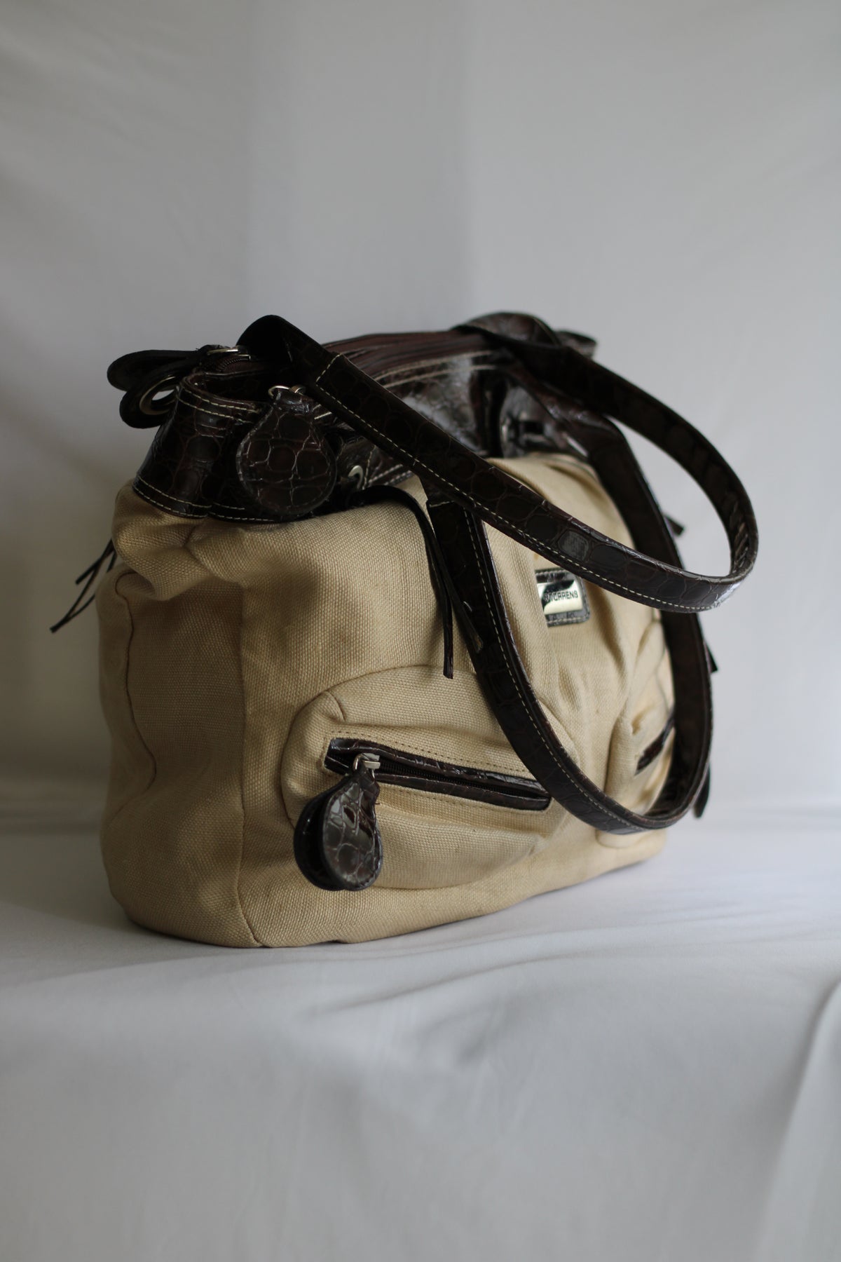 Mala Vintage Torrens em Lona Bege e Pele Castanha – Mala de Ombro Retro