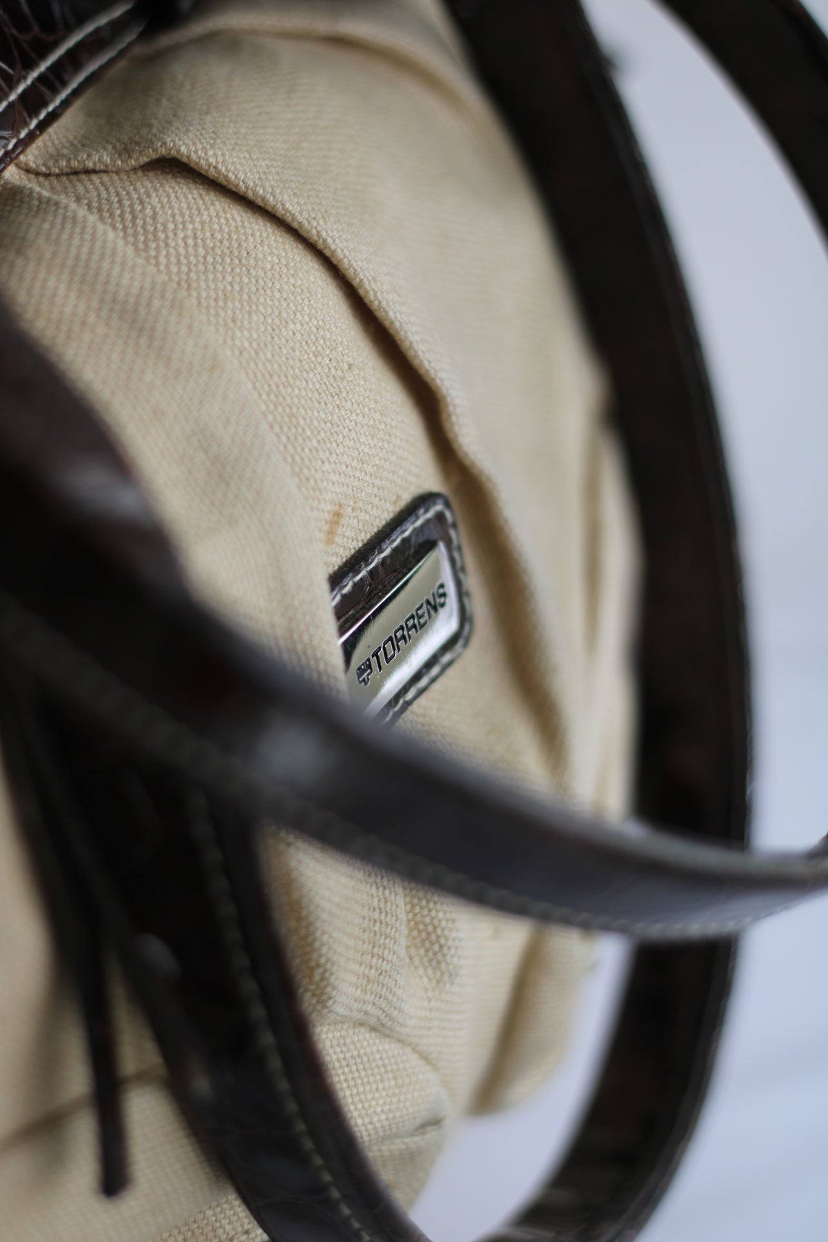 Mala Vintage Torrens em Lona Bege e Pele Castanha – Mala de Ombro Retro