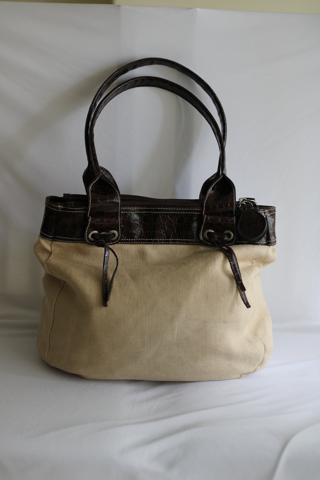 Mala Vintage Torrens em Lona Bege e Pele Castanha – Mala de Ombro Retro