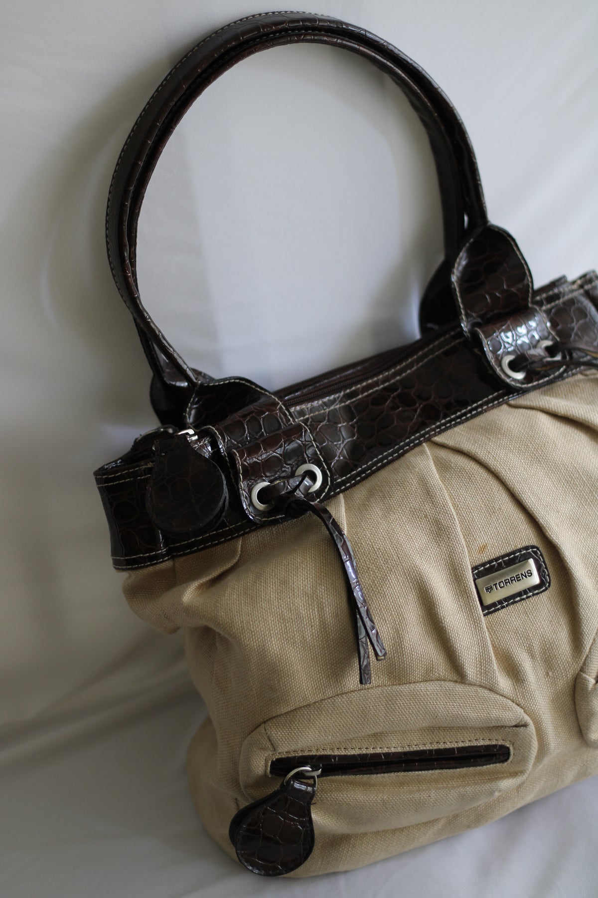 Mala Vintage Torrens em Lona Bege e Pele Castanha – Mala de Ombro Retro