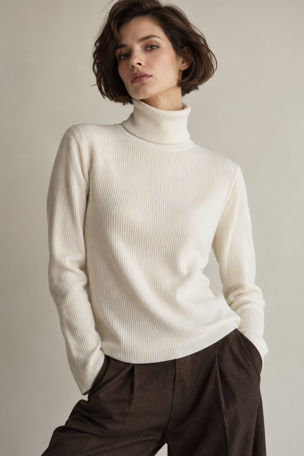 Camisola Moda Rong Offwhite em Linho com Gola Alta | L
