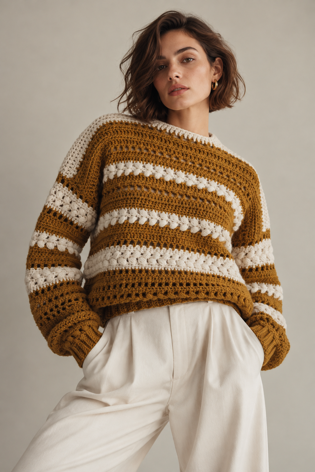 Camisola artesanal de croché em lã caramelo e creme | L