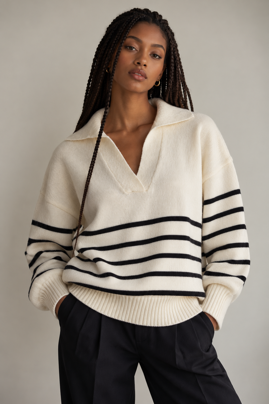 Camisola oversized creme às riscas com gola polo – S