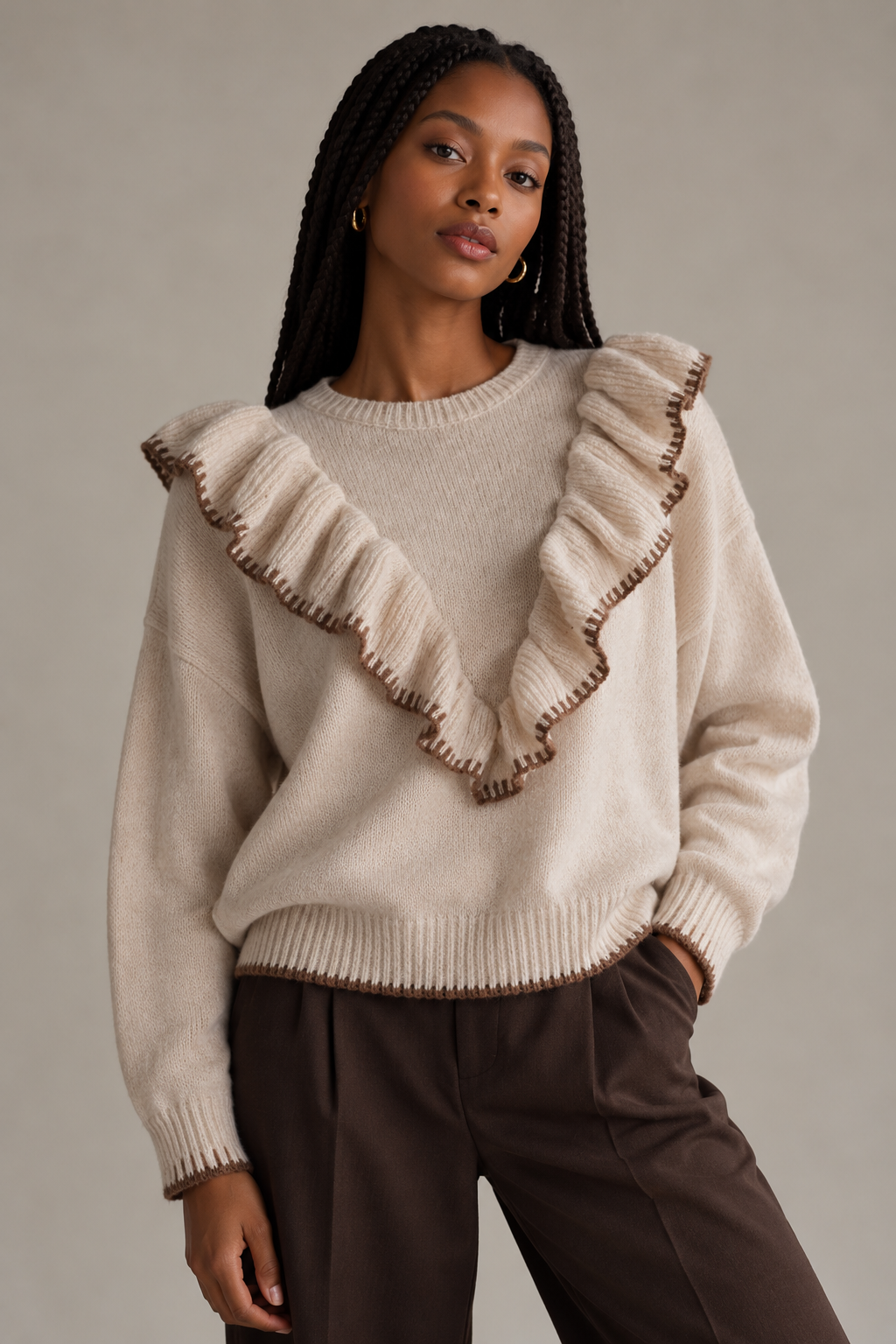 Camisola de malha bege com folhos e lã – M