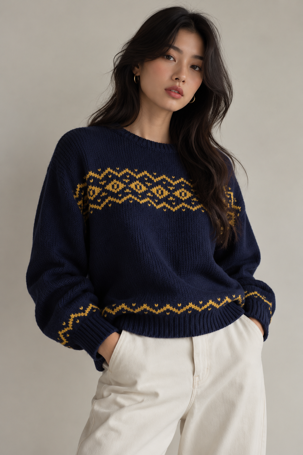 Camisola de malha azul-marinho com motivos amarelos Zara - L
