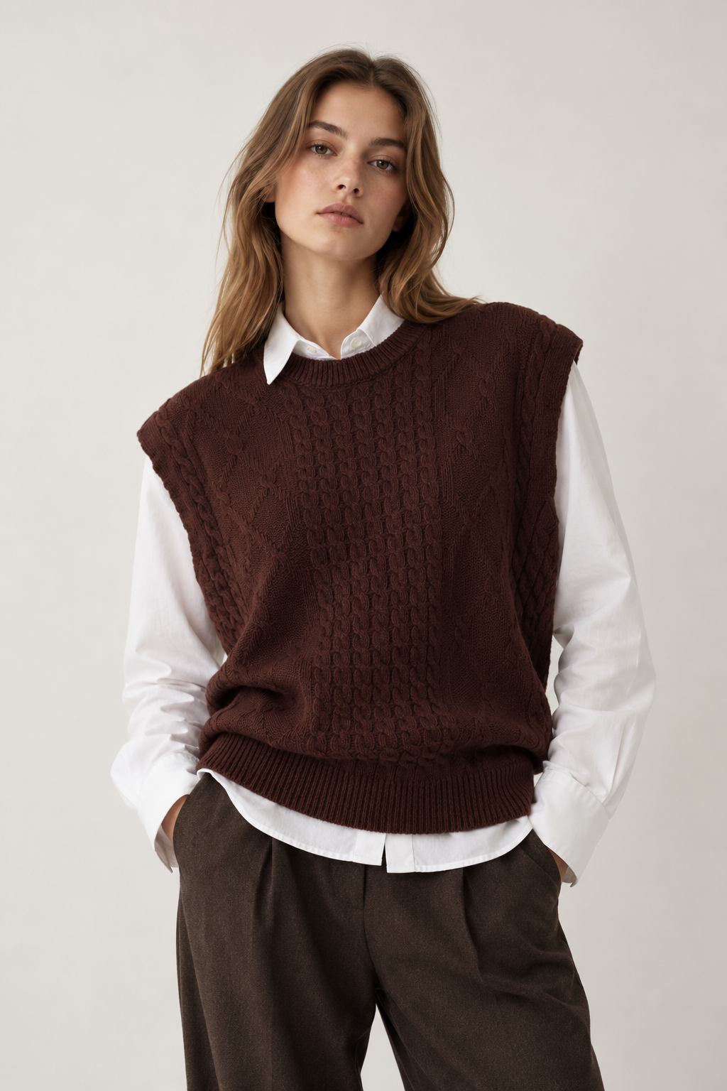 Colete de tricot feminino castanho S-L